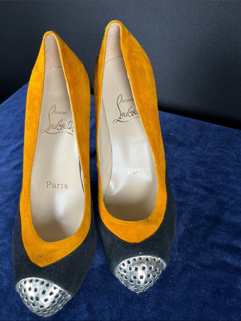 Christian Louboutin Two-Tone Suede Pumps in Mustard and Black SIZE 36